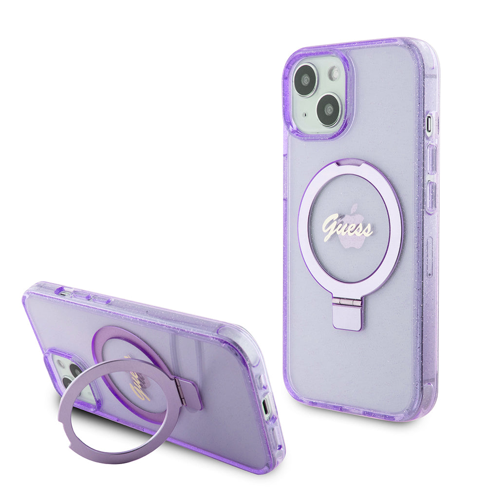 Puzdro MagSafe pre Apple iPhone 15 Plus, Guess, Ring Stand Script Glitter, Fialová