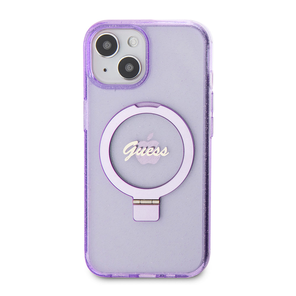 Puzdro MagSafe pre Apple iPhone 15 Plus, Guess, Ring Stand Script Glitter, Fialová