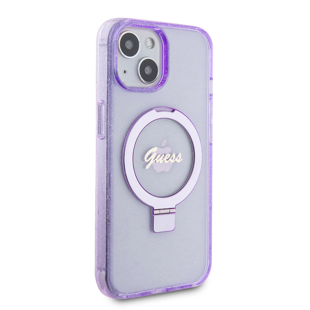 Puzdro MagSafe pre Apple iPhone 15 Plus, Guess, Ring Stand Script Glitter, Fialová