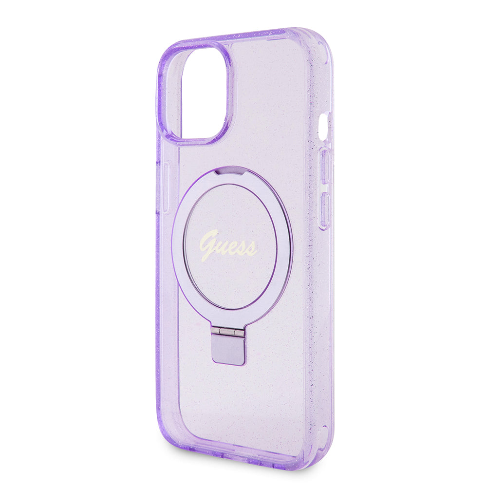 Puzdro MagSafe pre Apple iPhone 15 Plus, Guess, Ring Stand Script Glitter, Fialová
