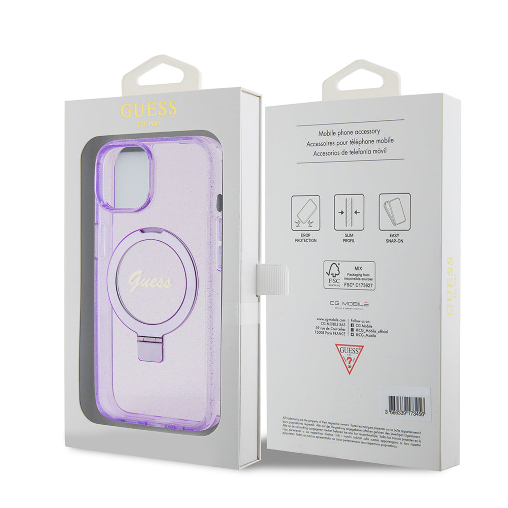 Puzdro MagSafe pre Apple iPhone 15 Plus, Guess, Ring Stand Script Glitter, Fialová