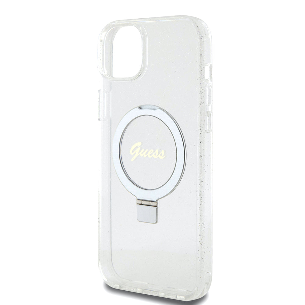 MagSafe Case for Apple iPhone 15 Plus, Guess, Ring Stand Script Glitter, Transparent