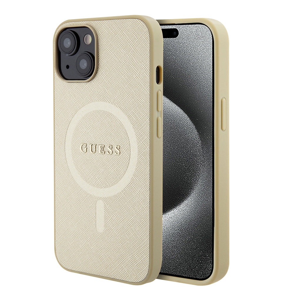 Puzdro MagSafe pre Apple iPhone 15 Plus, Guess, Saffiano, Zlaté