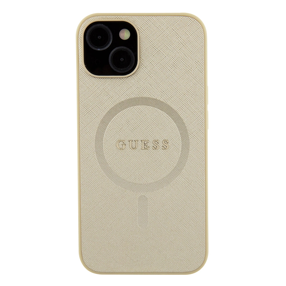 Puzdro MagSafe pre Apple iPhone 15 Plus, Guess, Saffiano, Zlaté
