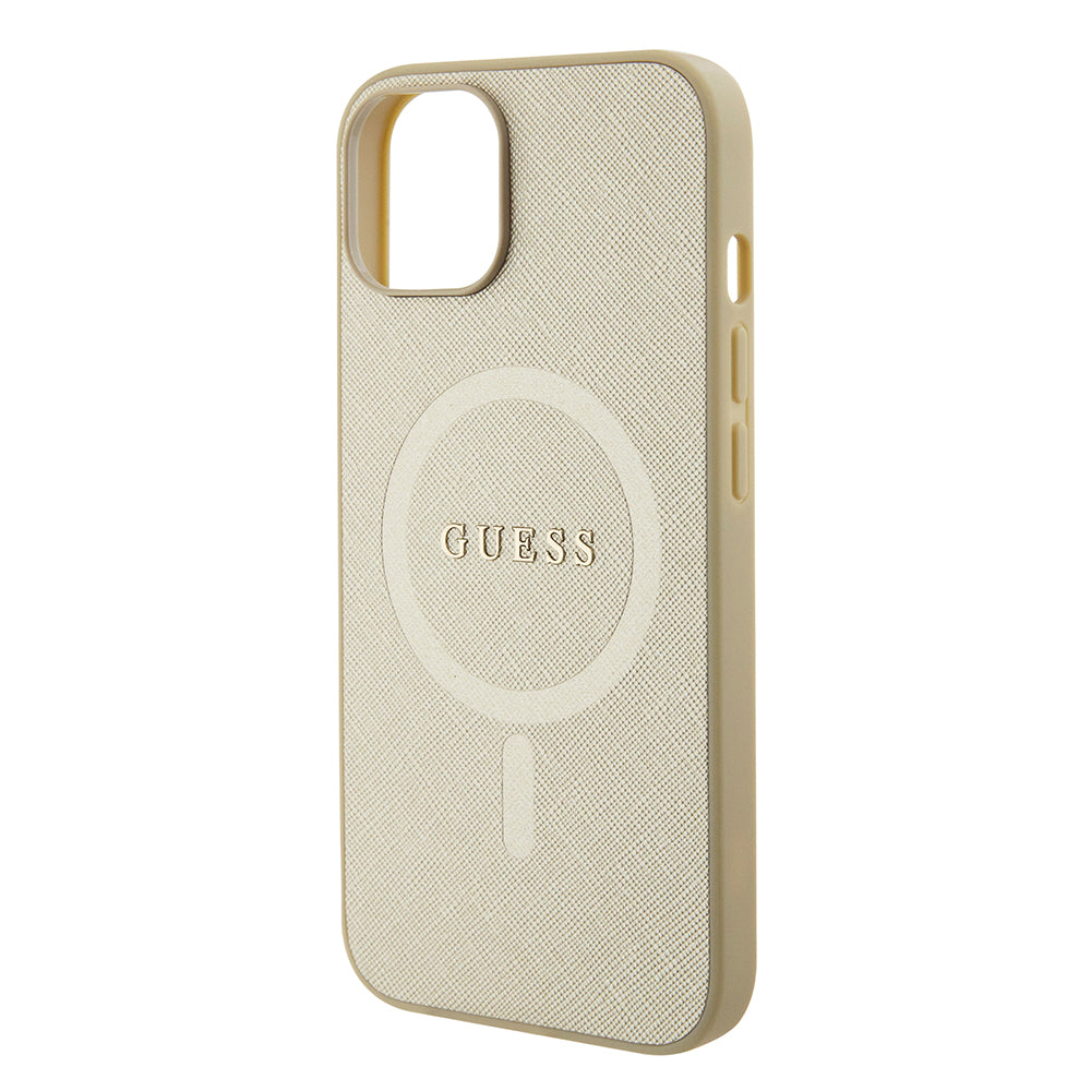 Puzdro MagSafe pre Apple iPhone 15 Plus, Guess, Saffiano, Zlaté