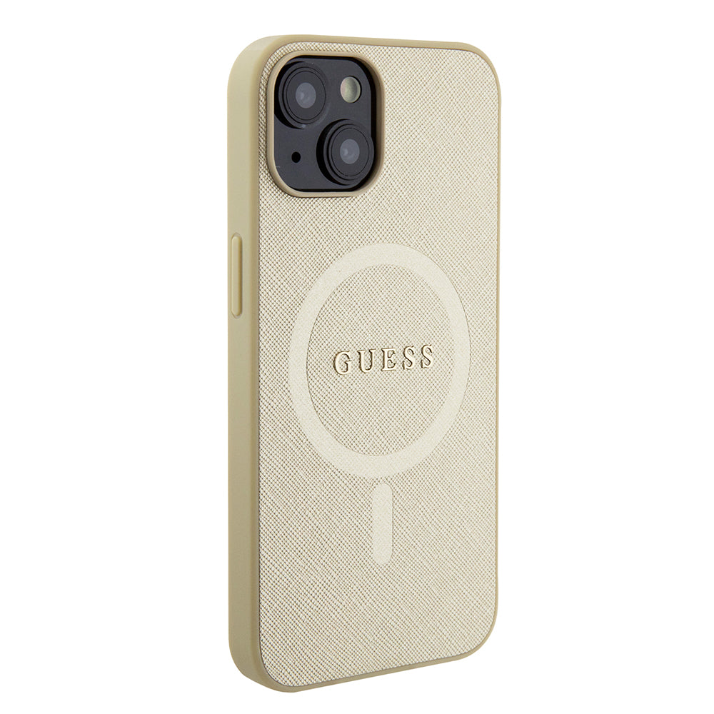 Puzdro MagSafe pre Apple iPhone 15 Plus, Guess, Saffiano, Zlaté