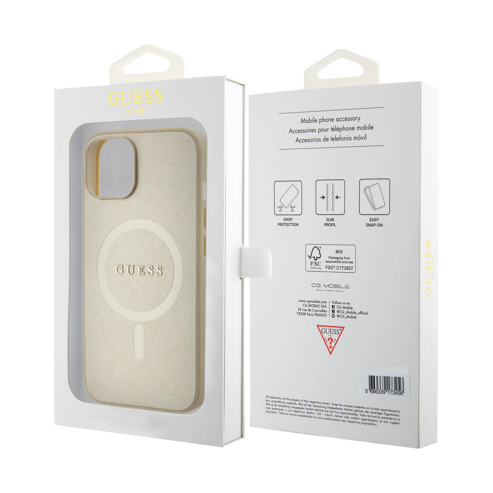 Puzdro MagSafe pre Apple iPhone 15 Plus, Guess, Saffiano, Zlaté