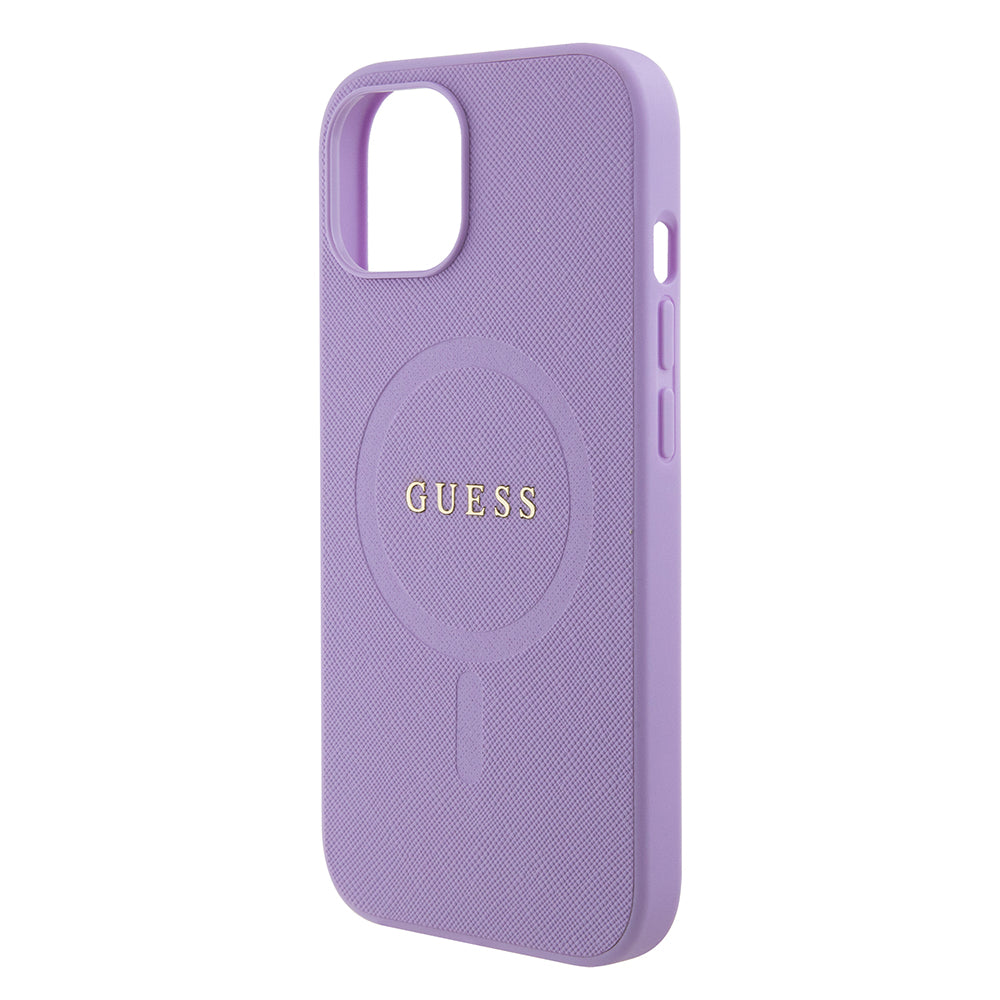 Puzdro MagSafe pre Apple iPhone 15 Plus, Guess, Saffiano, Fialová
