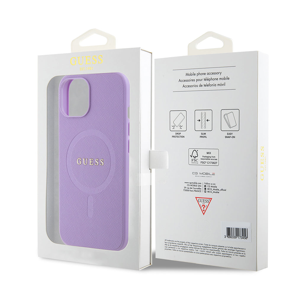 Puzdro MagSafe pre Apple iPhone 15 Plus, Guess, Saffiano, Fialová