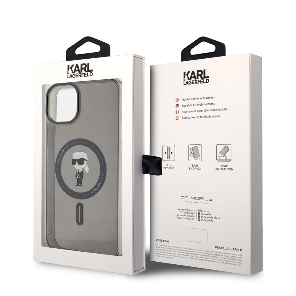 Puzdro MagSafe pre Apple iPhone 15 Plus, Karl Lagerfeld, IML Ikonik Karl, Čierne