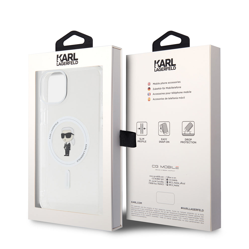 Puzdro MagSafe pre Apple iPhone 15 Plus, Karl Lagerfeld, IML Ikonik Karl, Priehľadné