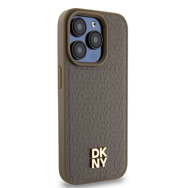 Puzdro MagSafe pre Apple iPhone 15 Pro, DKNY, Monogram Pattern Metal Logo, Hnedá