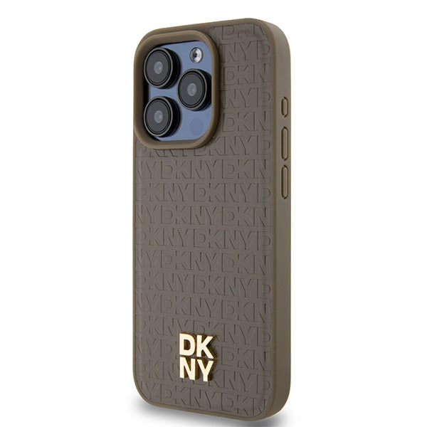 Puzdro MagSafe pre Apple iPhone 15 Pro, DKNY, Monogram Pattern Metal Logo, Hnedá