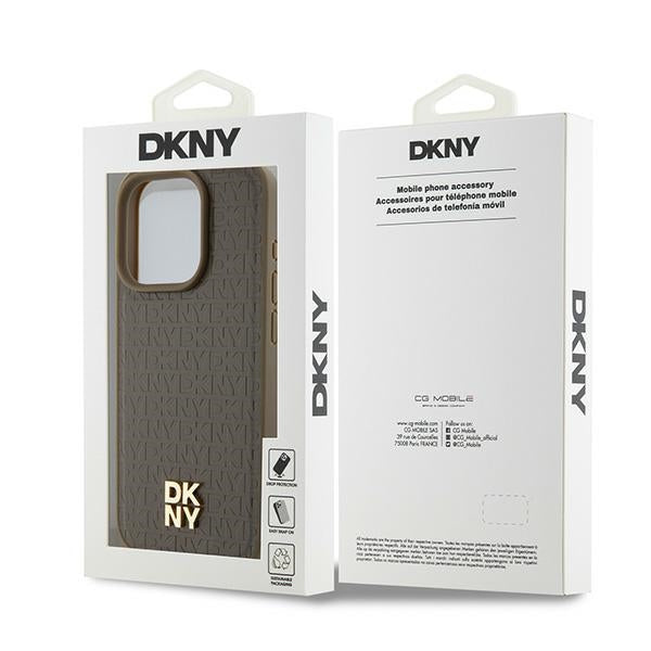 Puzdro MagSafe pre Apple iPhone 15 Pro, DKNY, Monogram Pattern Metal Logo, Hnedá