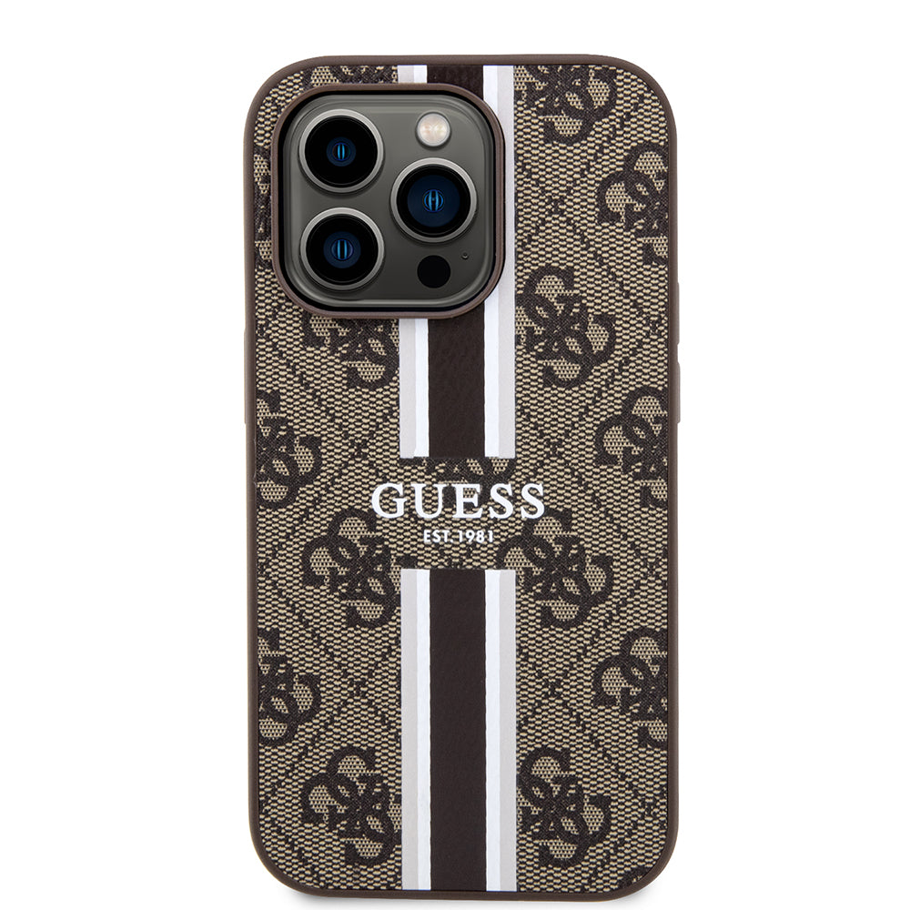 Puzdro MagSafe pre Apple iPhone 15 Pro, Guess, 4G Printed Stripes, Hnedé