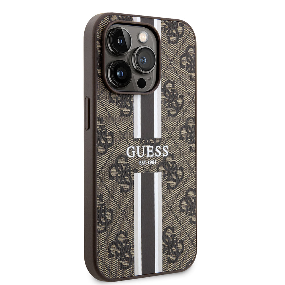 Puzdro MagSafe pre Apple iPhone 15 Pro, Guess, 4G Printed Stripes, Hnedé
