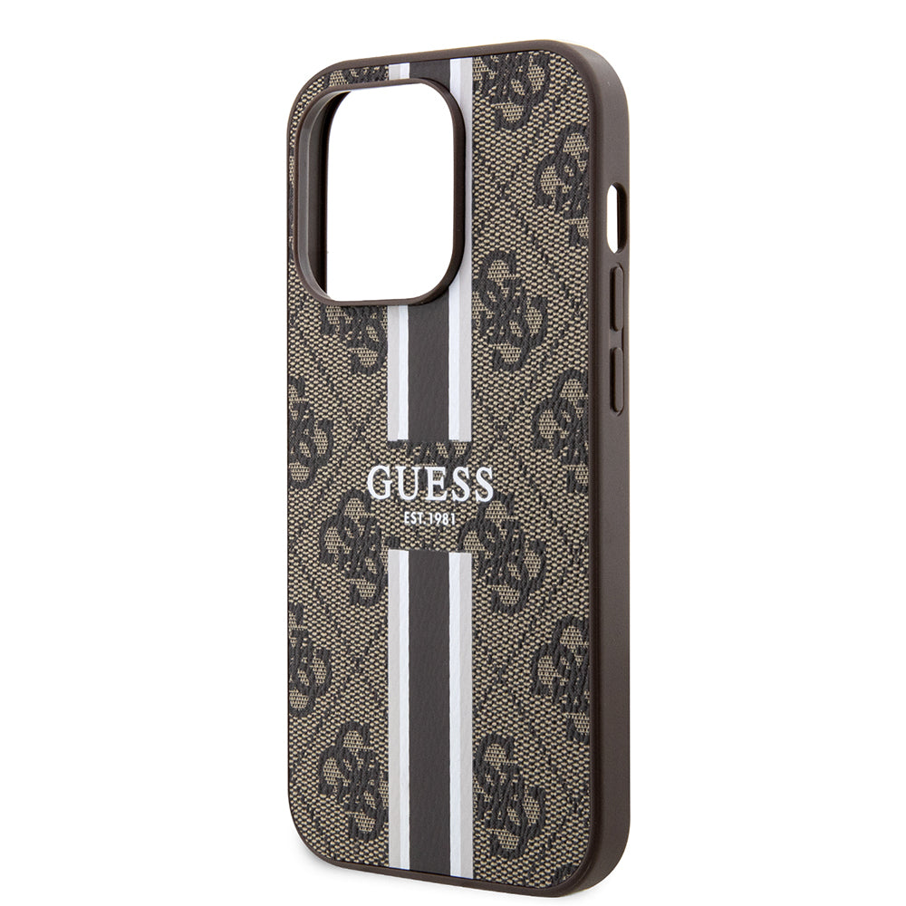 Puzdro MagSafe pre Apple iPhone 15 Pro, Guess, 4G Printed Stripes, Hnedé