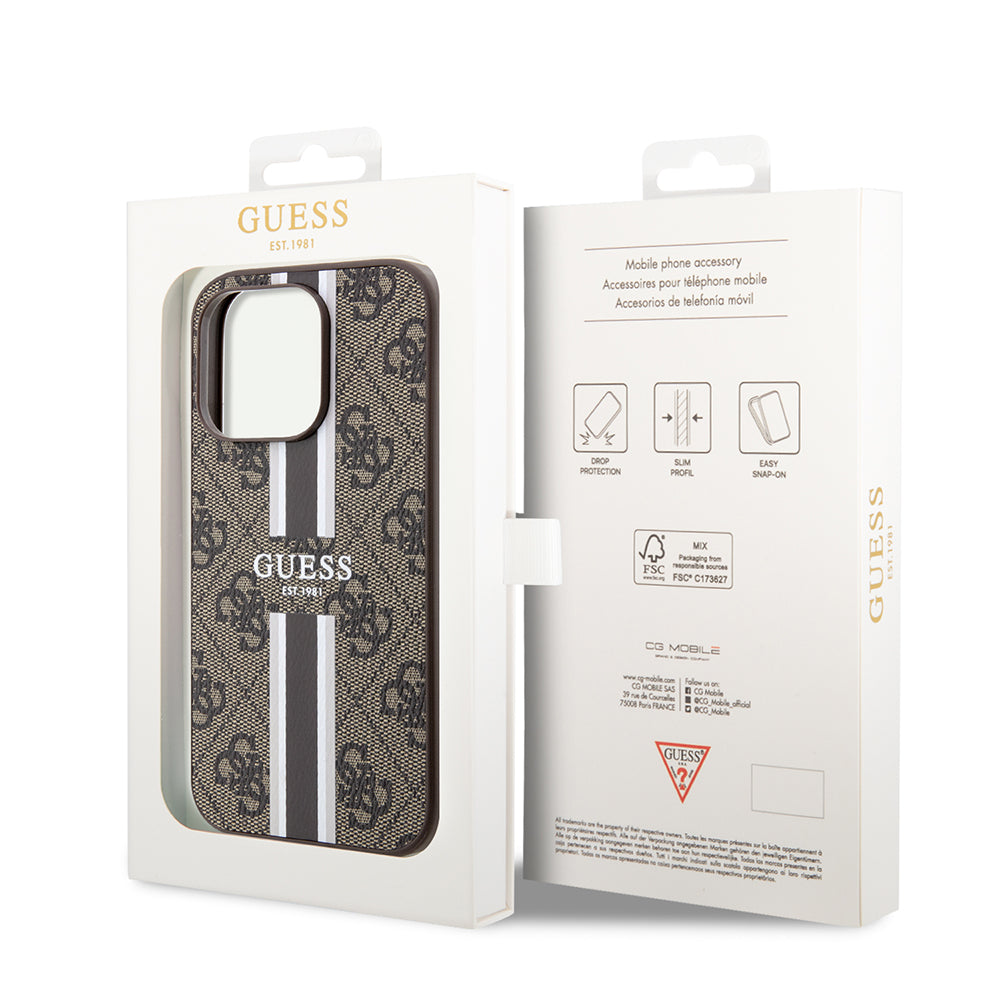 Puzdro MagSafe pre Apple iPhone 15 Pro, Guess, 4G Printed Stripes, Hnedé