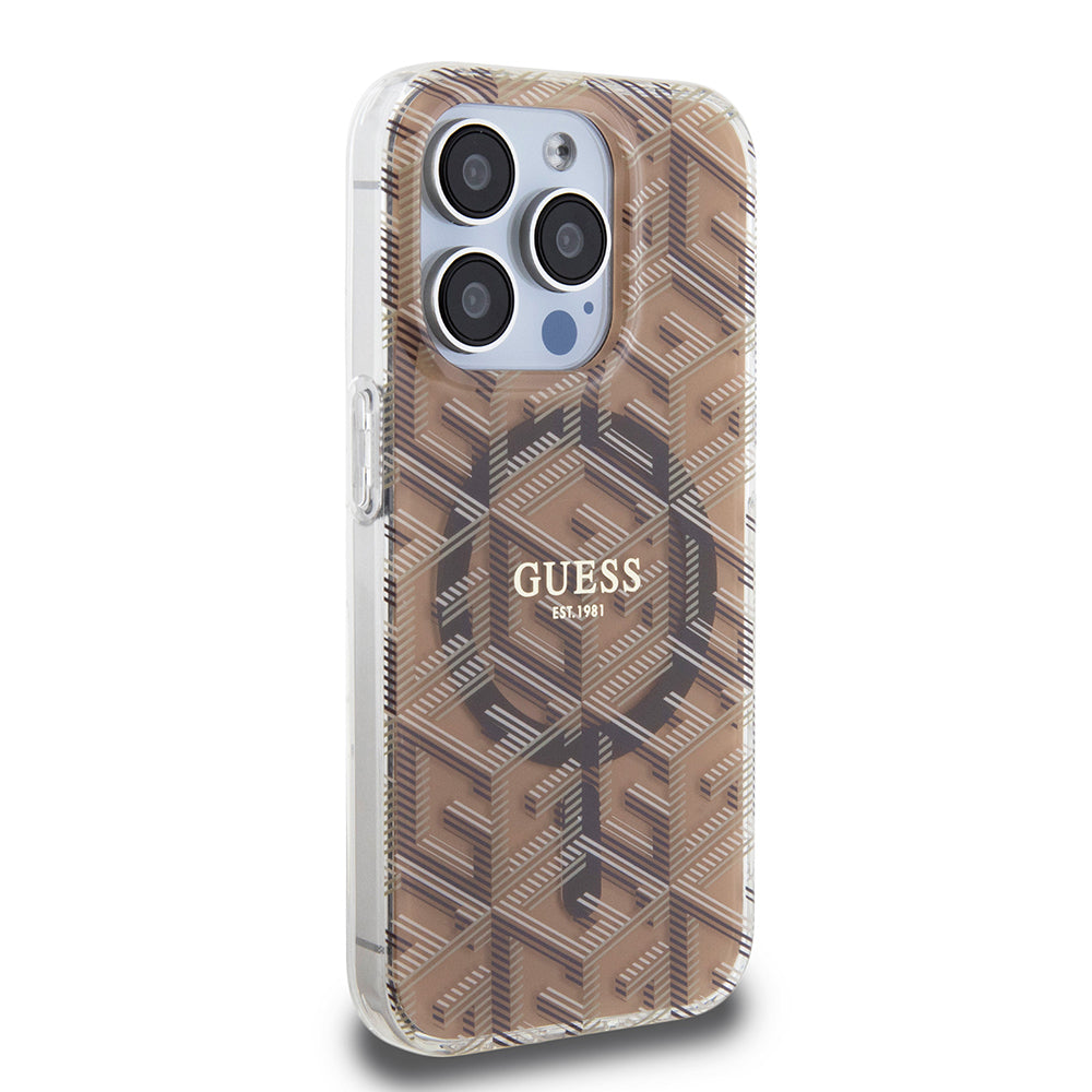 Puzdro MagSafe pre Apple iPhone 15 Pro, Guess, IML Gcube, Hnedé