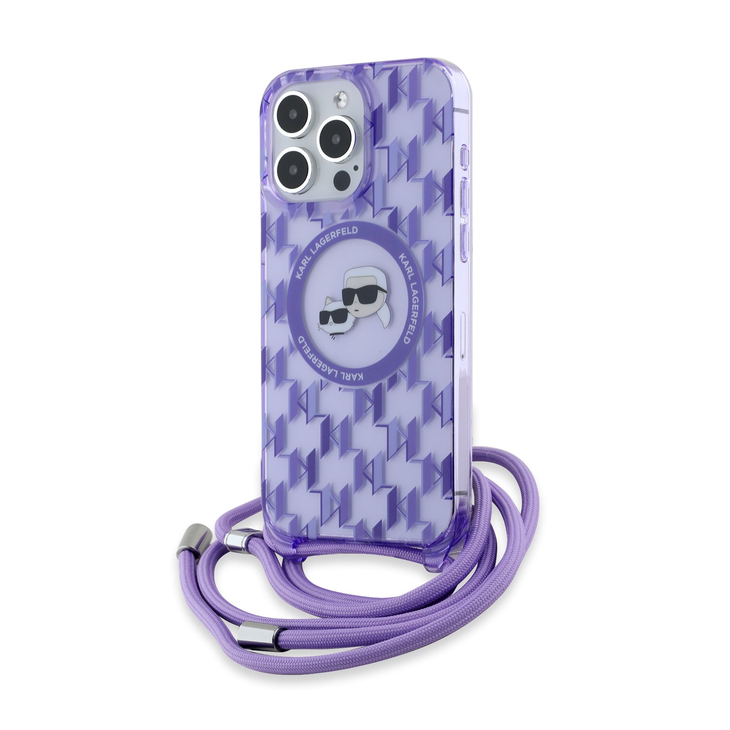 Puzdro MagSafe pre Apple iPhone 15 Pro, Karl Lagerfeld, IML Crossbody Monogram Karl & Choupette's Heads, Fialová