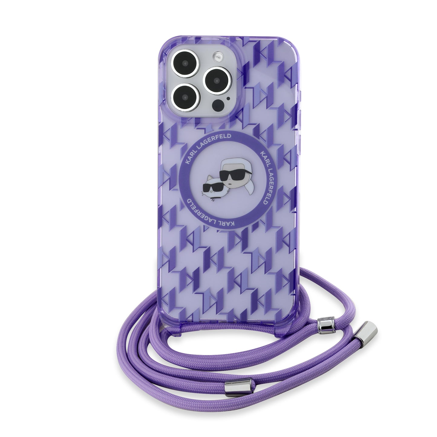 Puzdro MagSafe pre Apple iPhone 15 Pro, Karl Lagerfeld, IML Crossbody Monogram Karl & Choupette's Heads, Fialová