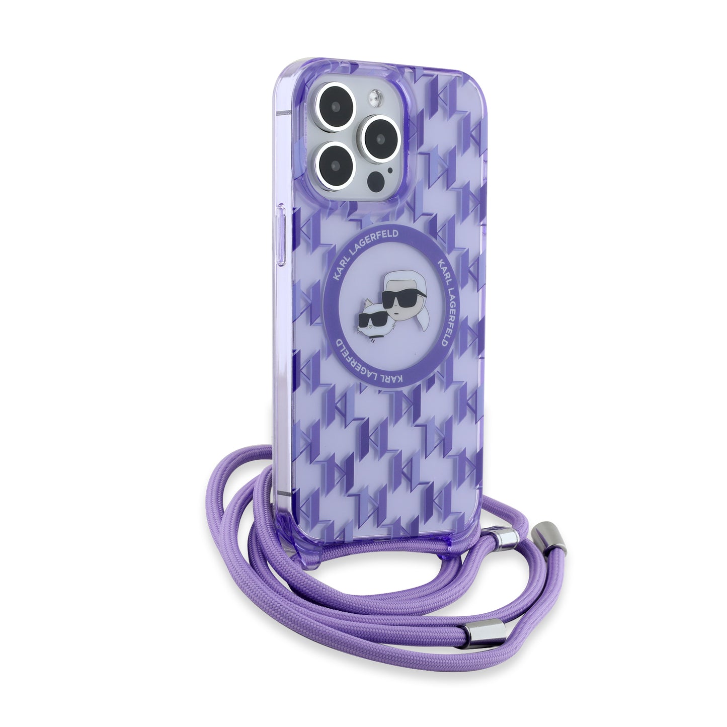 Puzdro MagSafe pre Apple iPhone 15 Pro, Karl Lagerfeld, IML Crossbody Monogram Karl & Choupette's Heads, Fialová