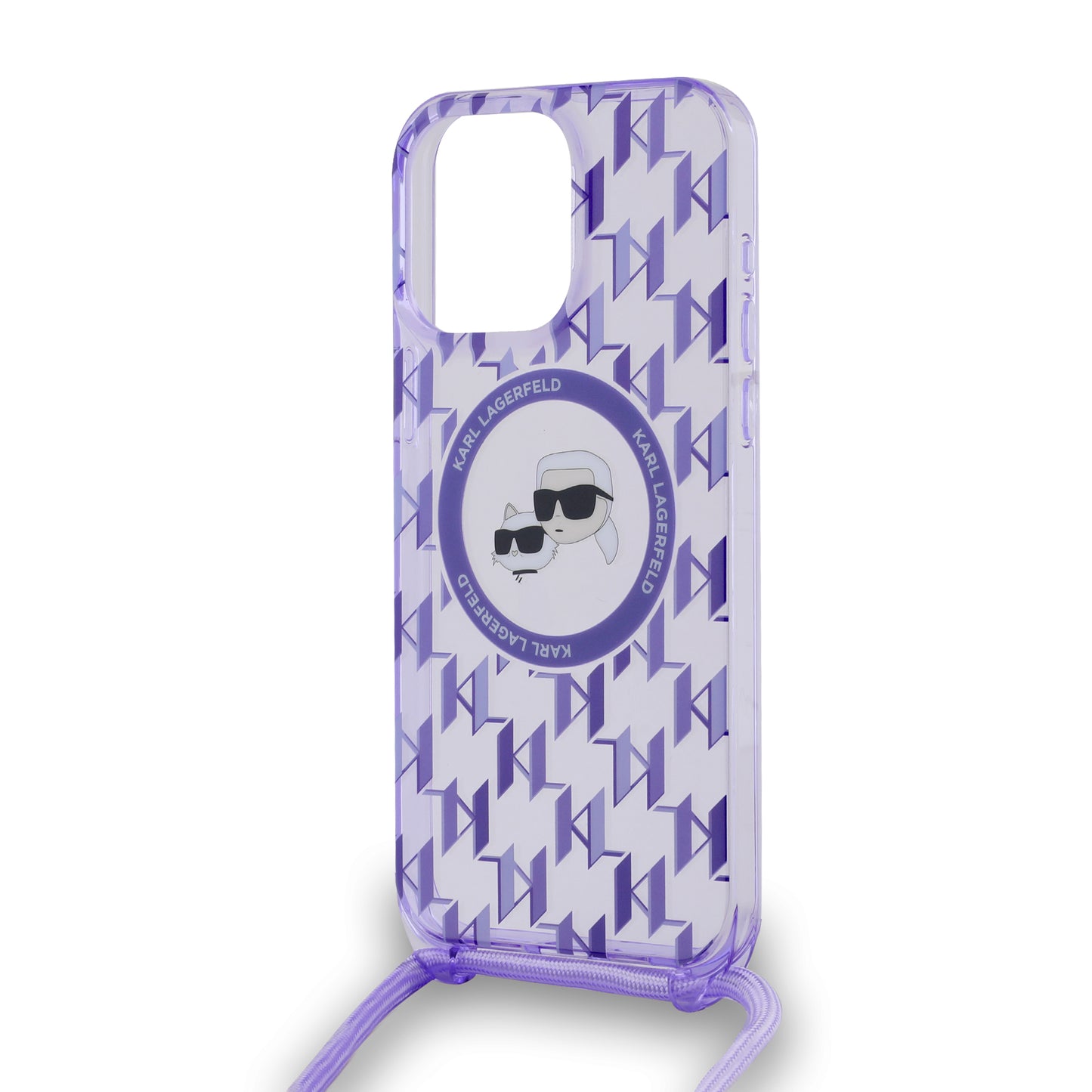 Puzdro MagSafe pre Apple iPhone 15 Pro, Karl Lagerfeld, IML Crossbody Monogram Karl & Choupette's Heads, Fialová