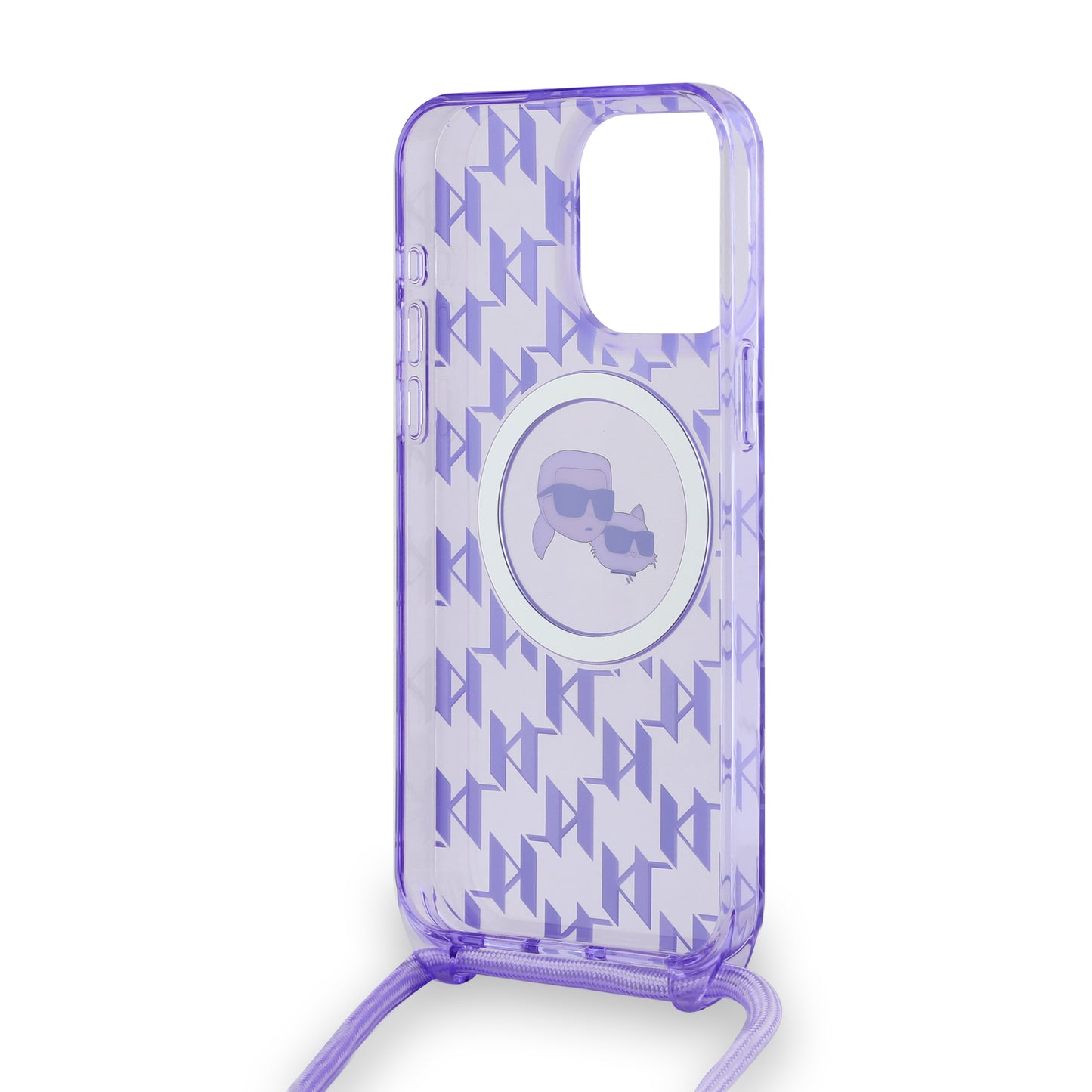 Puzdro MagSafe pre Apple iPhone 15 Pro, Karl Lagerfeld, IML Crossbody Monogram Karl & Choupette's Heads, Fialová