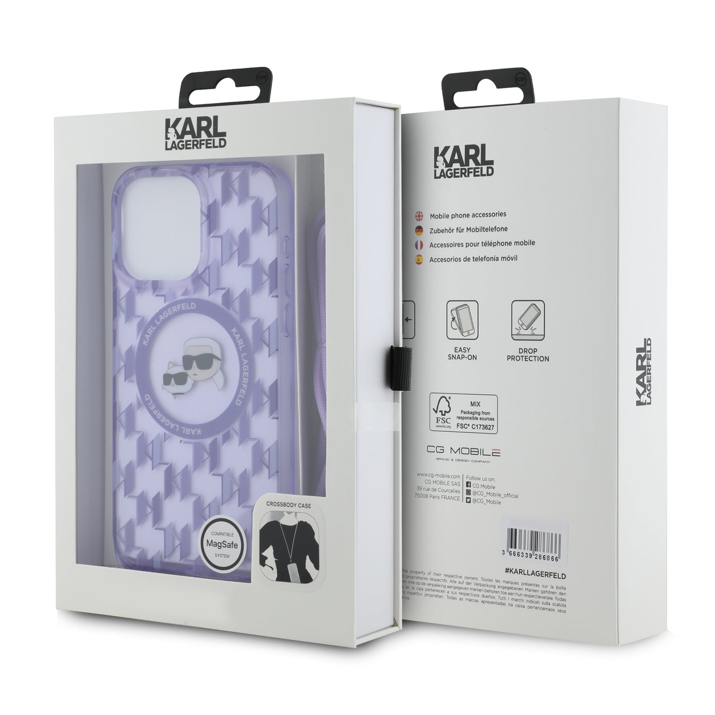 Puzdro MagSafe pre Apple iPhone 15 Pro, Karl Lagerfeld, IML Crossbody Monogram Karl & Choupette's Heads, Fialová