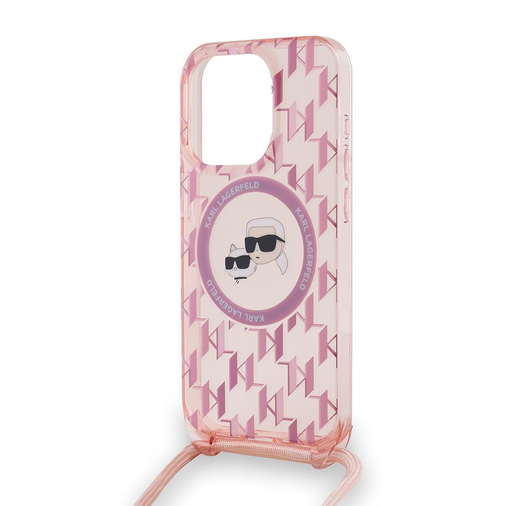 Puzdro MagSafe pre Apple iPhone 15 Pro, Karl Lagerfeld, IML Crossbody Monogram Karl & Choupette's Heads, Ružová