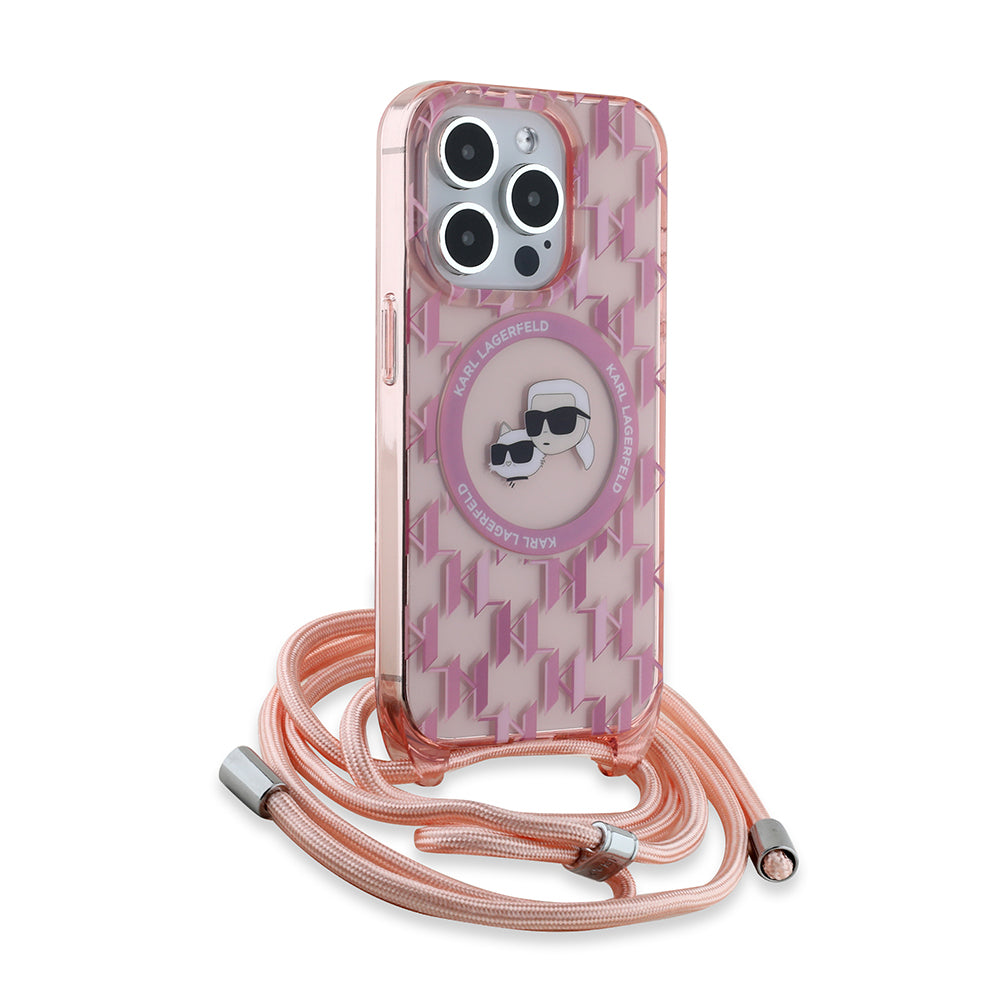 Puzdro MagSafe pre Apple iPhone 15 Pro, Karl Lagerfeld, IML Crossbody Monogram Karl & Choupette's Heads, Ružová