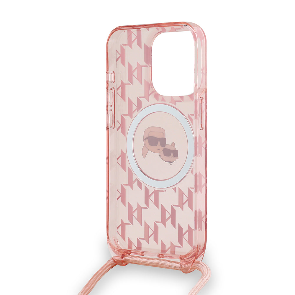 Puzdro MagSafe pre Apple iPhone 15 Pro, Karl Lagerfeld, IML Crossbody Monogram Karl & Choupette's Heads, Ružová