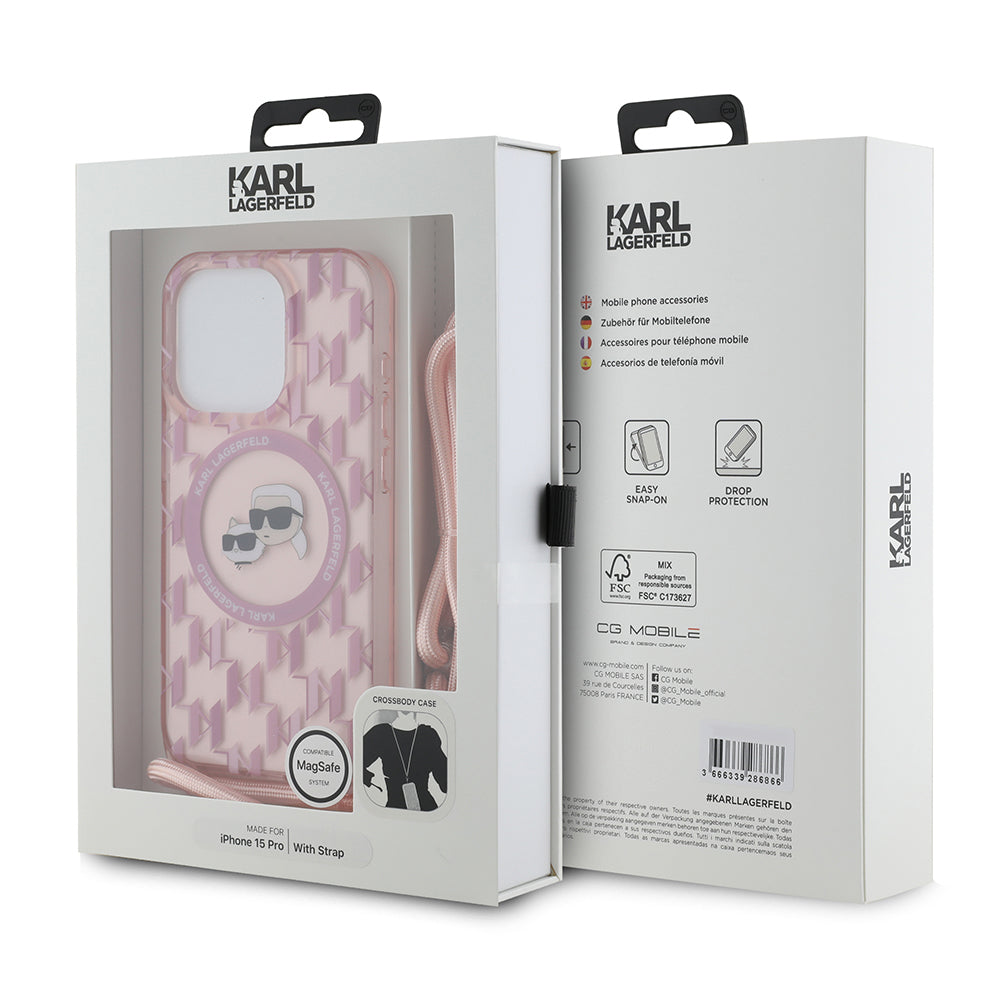 Puzdro MagSafe pre Apple iPhone 15 Pro, Karl Lagerfeld, IML Crossbody Monogram Karl & Choupette's Heads, Ružová