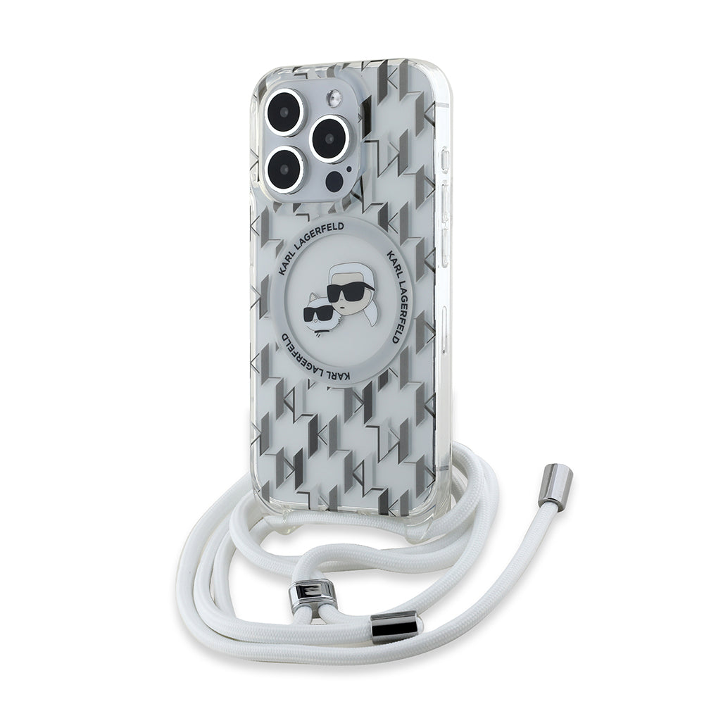 Puzdro MagSafe pre Apple iPhone 15 Pro, Karl Lagerfeld, IML Crossbody Monogram Karl & Choupette's Heads, Transparentné