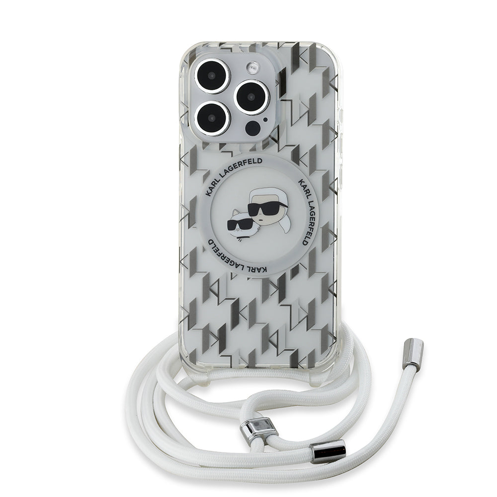 Puzdro MagSafe pre Apple iPhone 15 Pro, Karl Lagerfeld, IML Crossbody Monogram Karl & Choupette's Heads, Transparentné