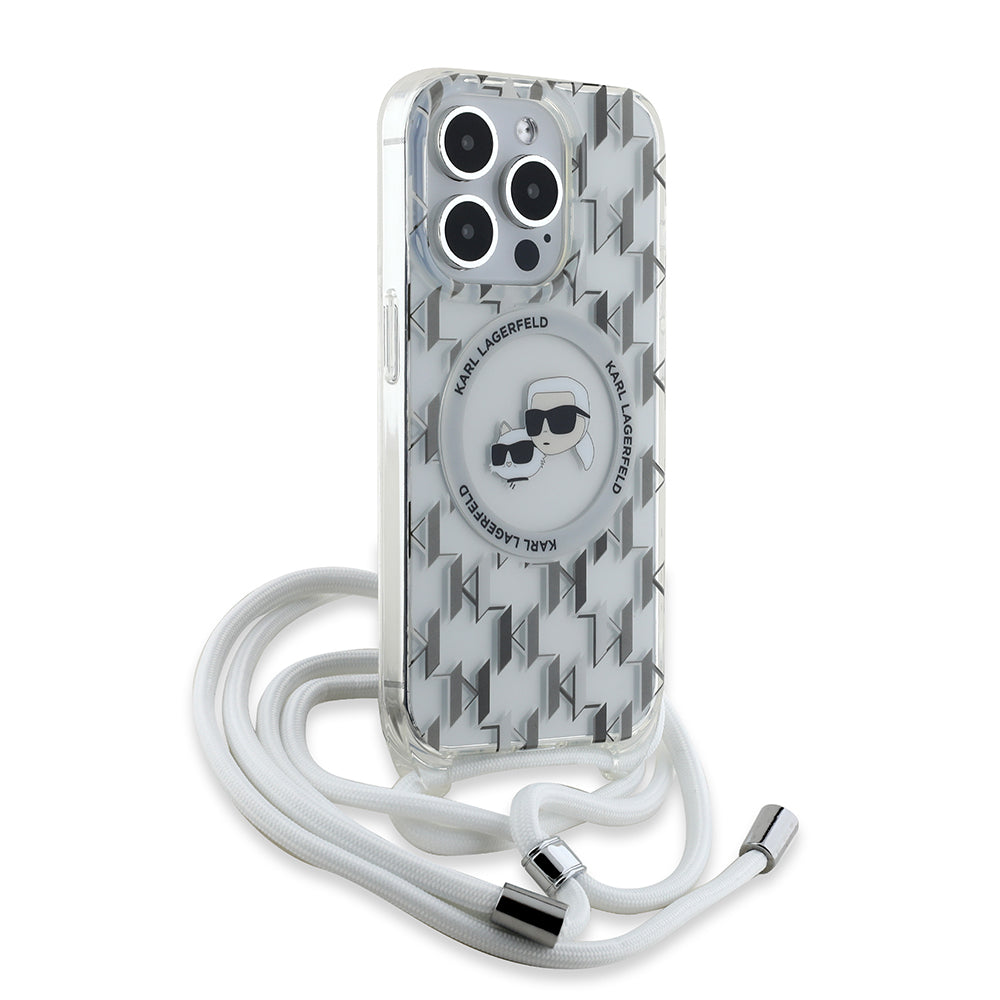 Puzdro MagSafe pre Apple iPhone 15 Pro, Karl Lagerfeld, IML Crossbody Monogram Karl & Choupette's Heads, Transparentné