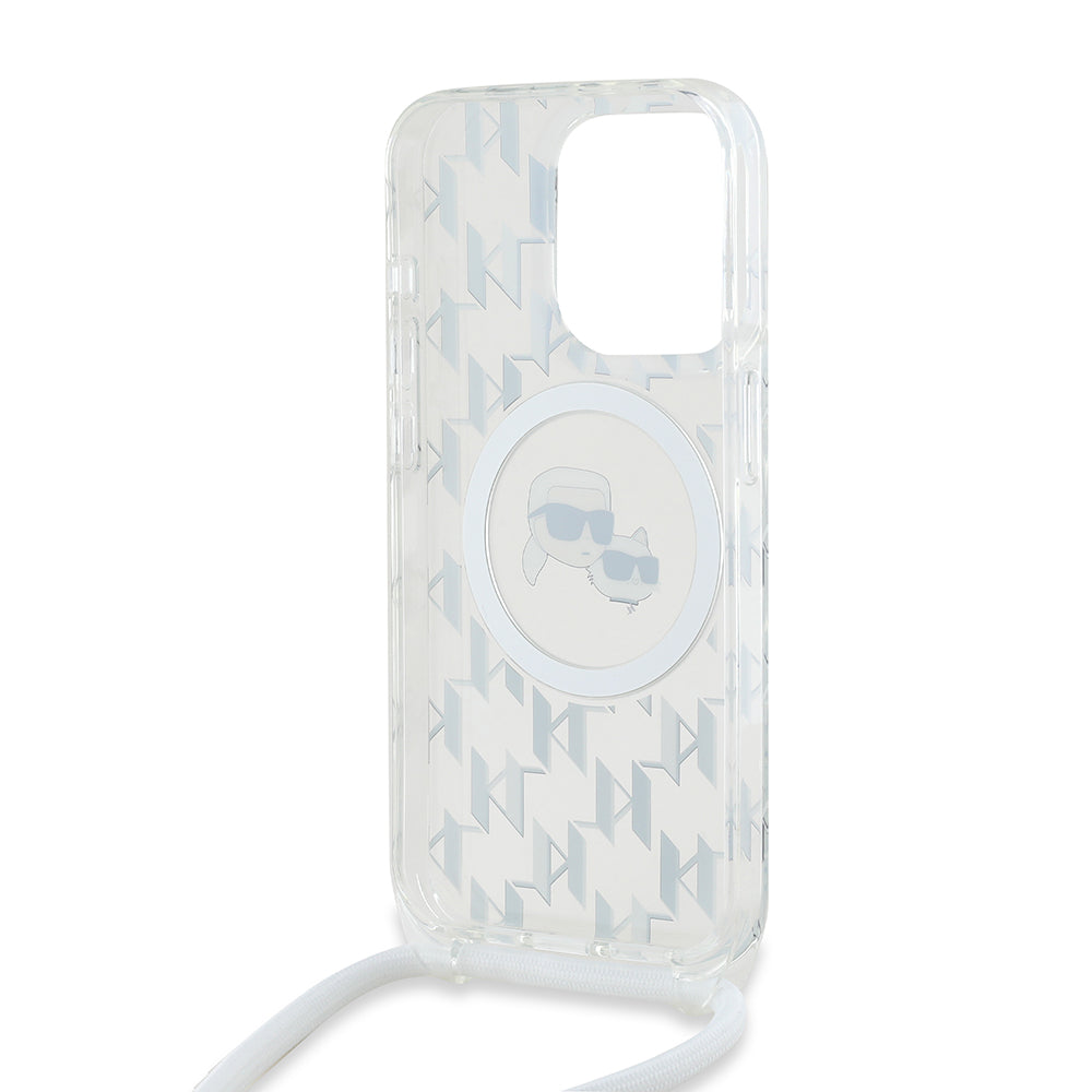 Puzdro MagSafe pre Apple iPhone 15 Pro, Karl Lagerfeld, IML Crossbody Monogram Karl & Choupette's Heads, Transparentné