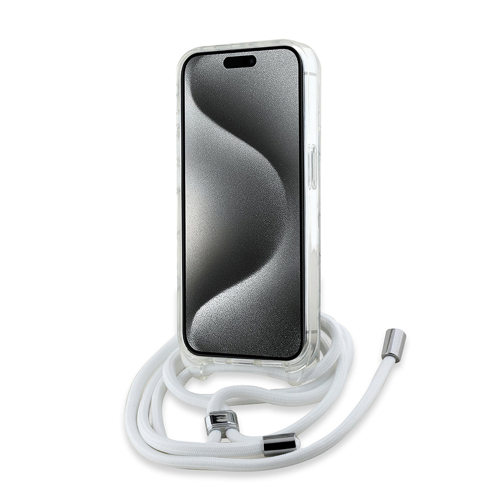 Puzdro MagSafe pre Apple iPhone 15 Pro, Karl Lagerfeld, IML Crossbody Monogram Karl & Choupette's Heads, Transparentné