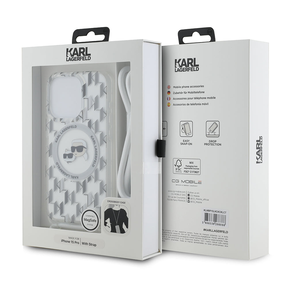 Puzdro MagSafe pre Apple iPhone 15 Pro, Karl Lagerfeld, IML Crossbody Monogram Karl & Choupette's Heads, Transparentné