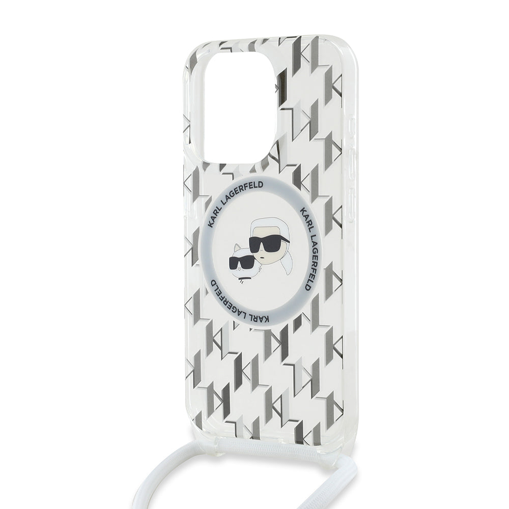 Puzdro MagSafe pre Apple iPhone 15 Pro, Karl Lagerfeld, IML Crossbody Monogram Karl & Choupette's Heads, Transparentné