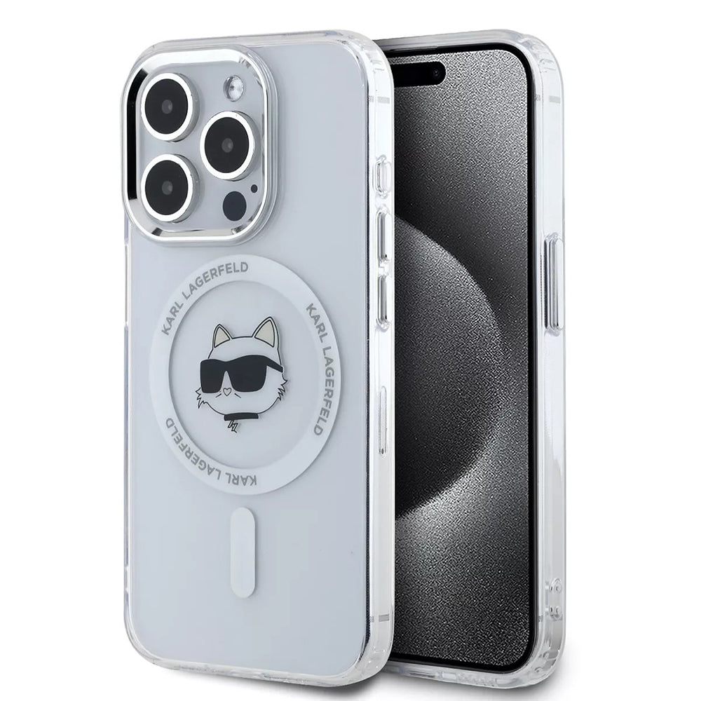 Puzdro MagSafe pre Apple iPhone 15 Pro, Karl Lagerfeld, IML Metal Choupette's Head, Biela