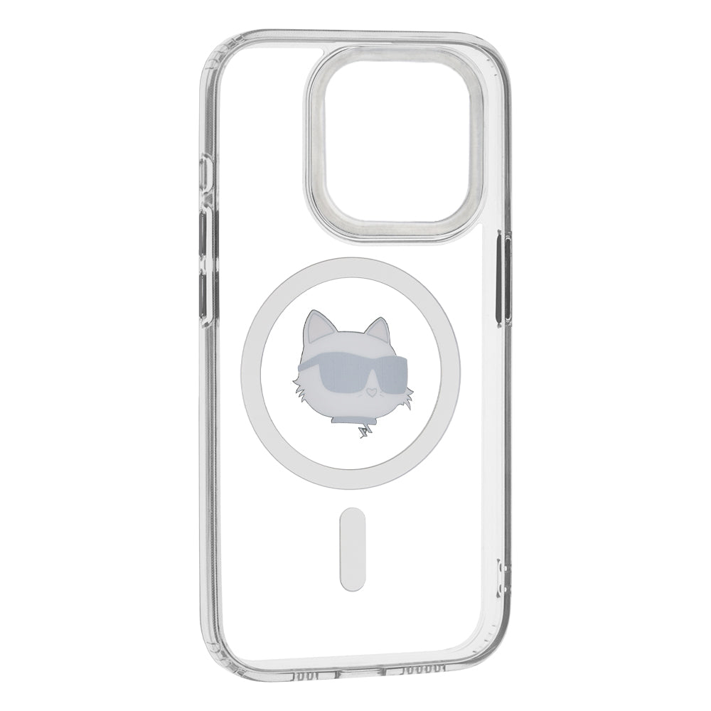 Puzdro MagSafe pre Apple iPhone 15 Pro, Karl Lagerfeld, IML Metal Choupette's Head, Biela