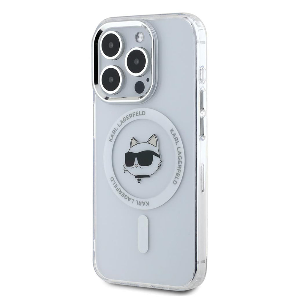 Puzdro MagSafe pre Apple iPhone 15 Pro, Karl Lagerfeld, IML Metal Choupette's Head, Biela