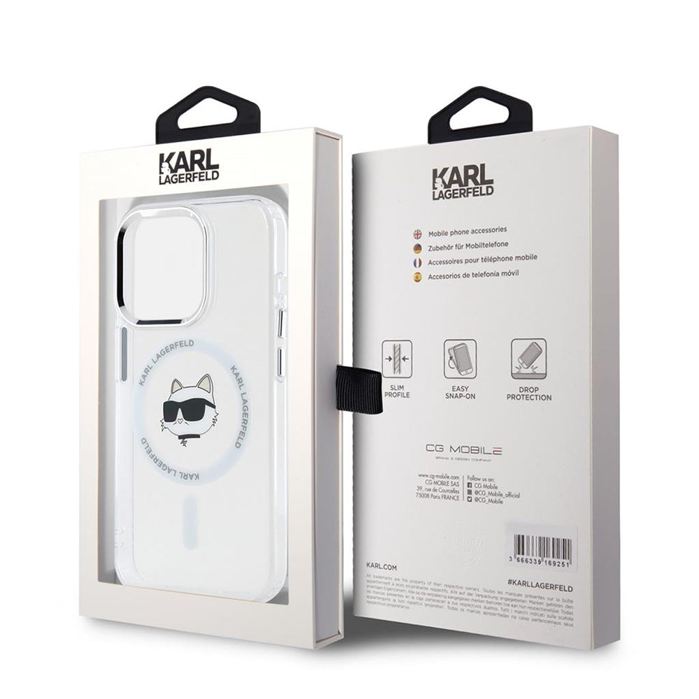 Puzdro MagSafe pre Apple iPhone 15 Pro, Karl Lagerfeld, IML Metal Choupette's Head, Biela