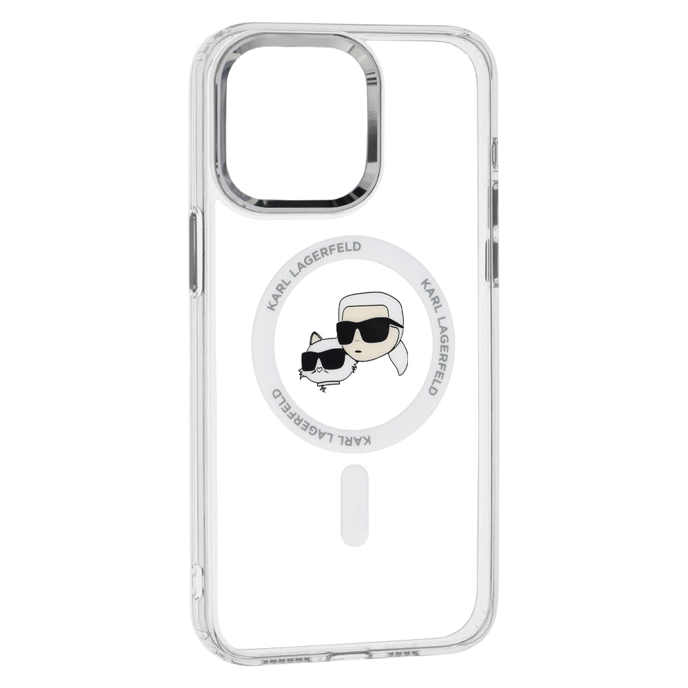 Puzdro MagSafe pre Apple iPhone 15 Pro, Karl Lagerfeld, IML Metal Karl & Choupette's Heads, Biela