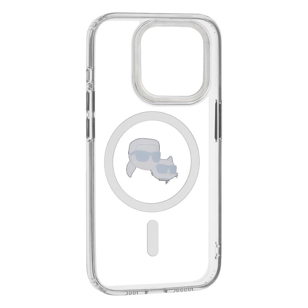 Puzdro MagSafe pre Apple iPhone 15 Pro, Karl Lagerfeld, IML Metal Karl & Choupette's Heads, Biela