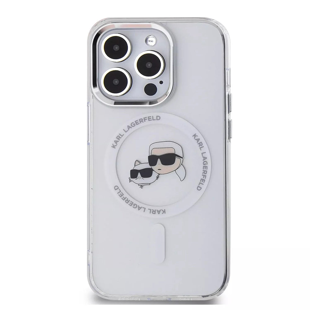 Puzdro MagSafe pre Apple iPhone 15 Pro, Karl Lagerfeld, IML Metal Karl & Choupette's Heads, Biela