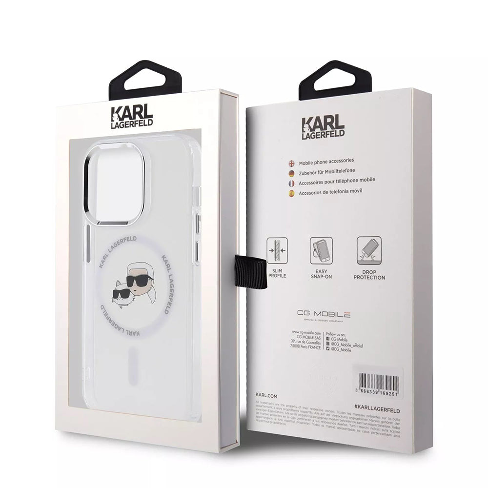 Puzdro MagSafe pre Apple iPhone 15 Pro, Karl Lagerfeld, IML Metal Karl & Choupette's Heads, Biela