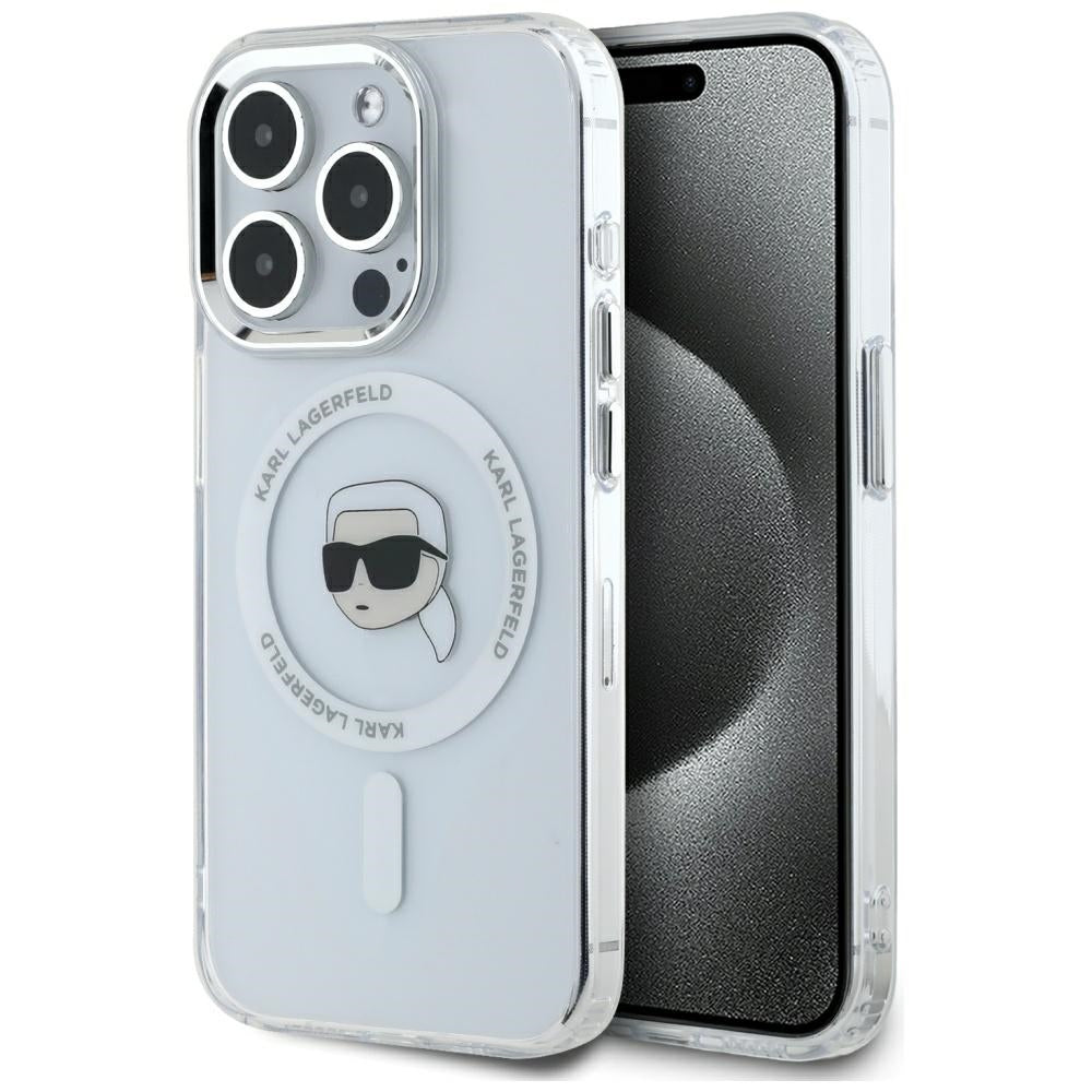 Puzdro MagSafe pre Apple iPhone 15 Pro, Karl Lagerfeld, IML Metal Karl's Head, Biela