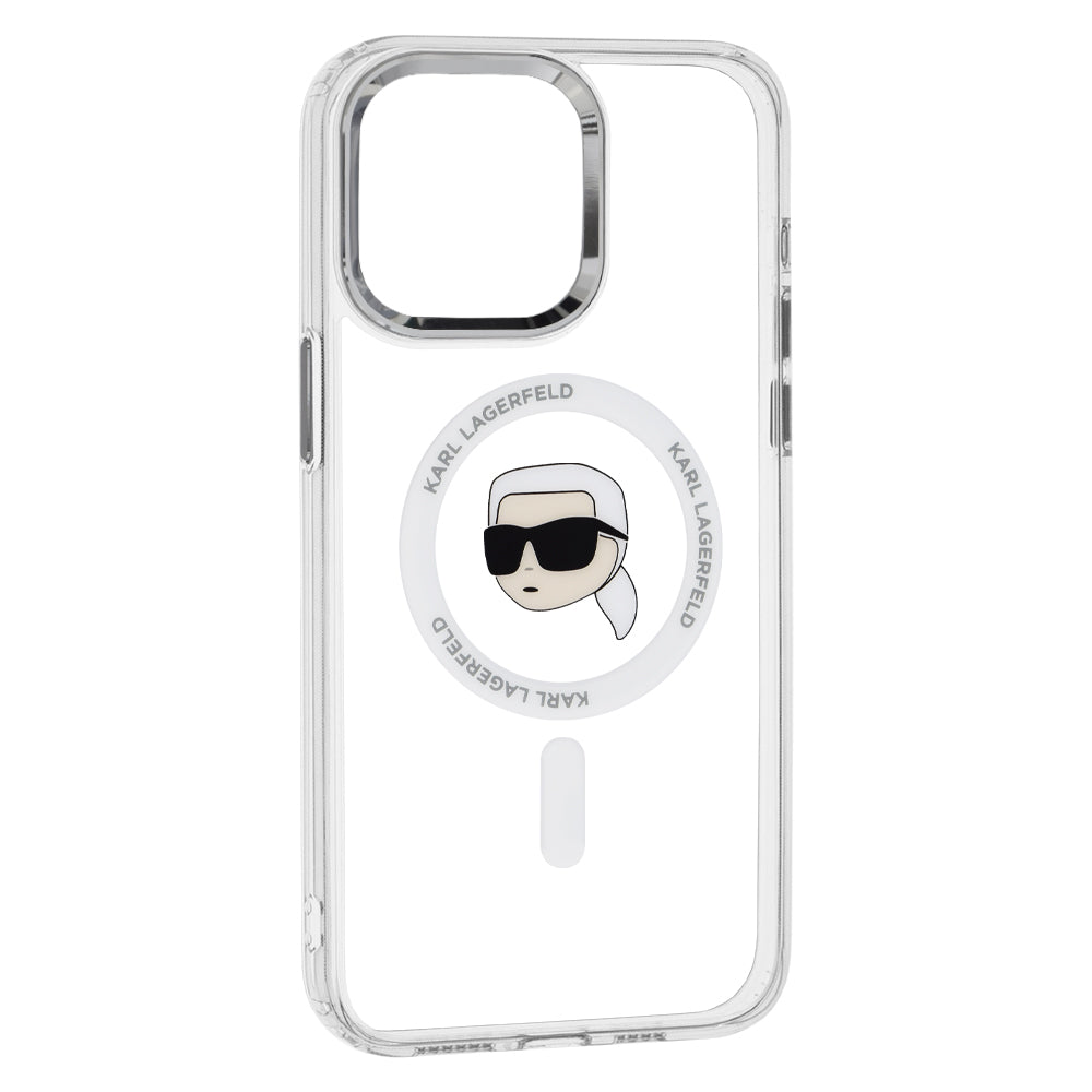 Puzdro MagSafe pre Apple iPhone 15 Pro, Karl Lagerfeld, IML Metal Karl's Head, Biela